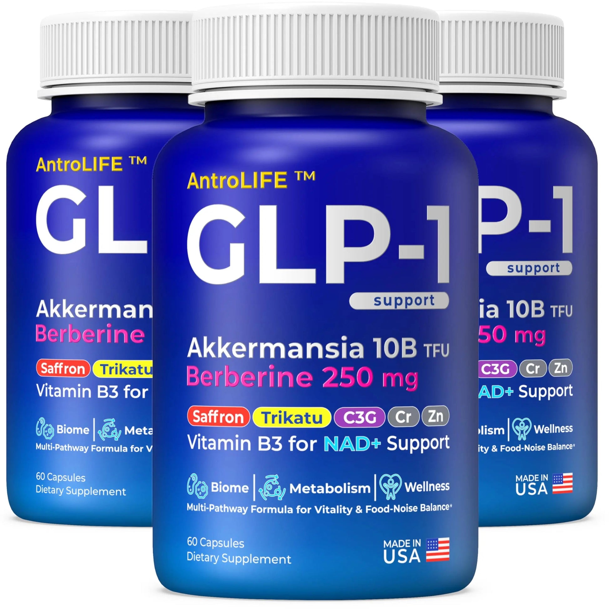 GLP-1 Support – Akkermansia Postbiotic 10B TFU + Berberine HCl 250 mg | 18-Ingredient System | Appetite, Mood & Metabolic Support | Inulin-Free | Saffron, NAD+ Cofactors | 3 Pack | 90-Day Supply ANTROLIFEBuy Supplements Australia