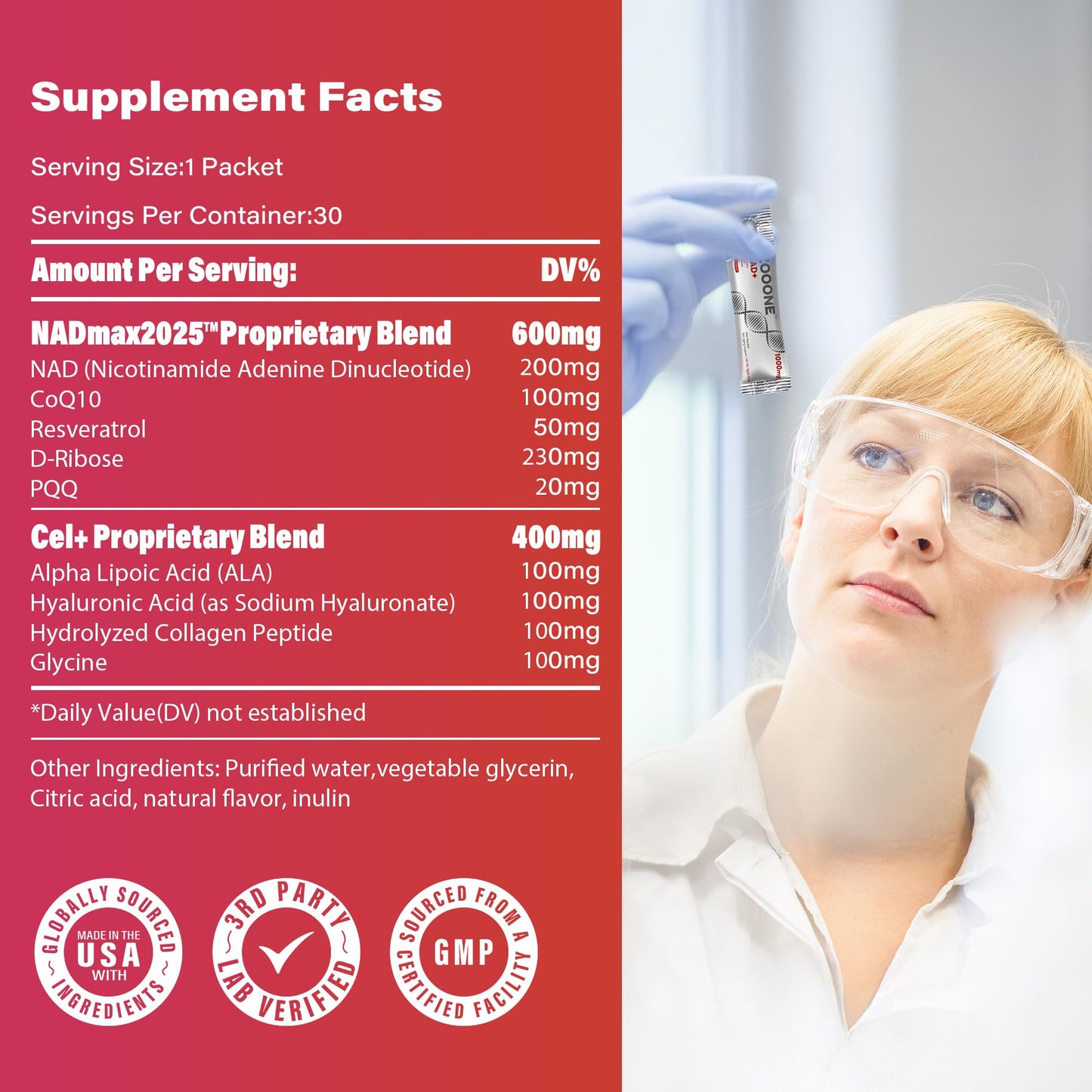 zooone NAD+ 1000mg Liquid Packets Supplement - Premium Nicotinamide Riboside & Resveratrol for Cellular Energy