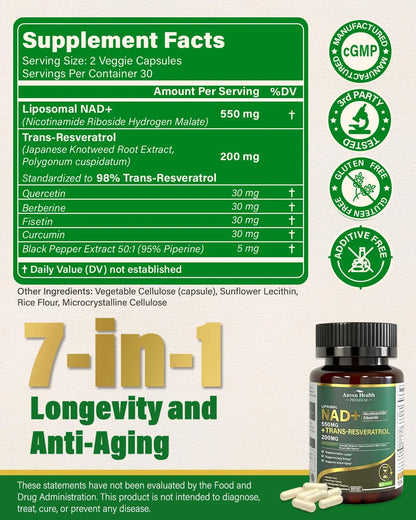 Anven Health Liposomal NAD+ Resveratrol Supplement - NMN Alternative with Trans-Resveratrol, Quercetin & Fisetin - NAD Plus for Women and Men, Cellular Energy & Healthy Aging, Non-GMO | 180 Capsules Anven HealthBuy Supplements Australia