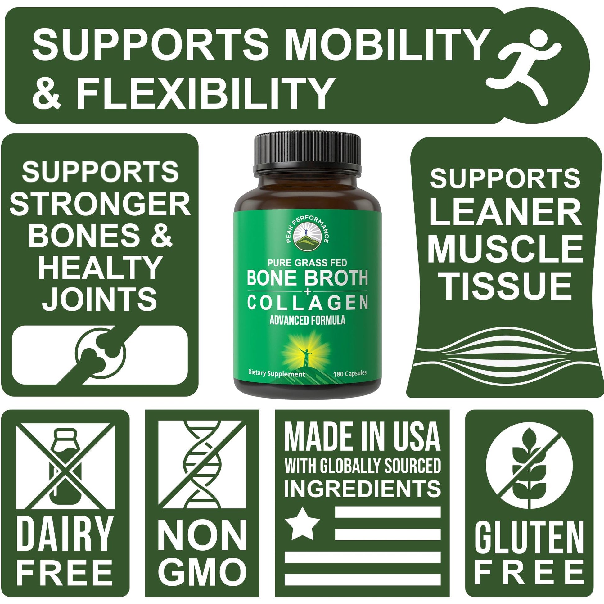 Bone Broth Collagen Capsules. 180 Pills of Grass Fed Bone Broth Collagen Protein Peptides. Contains All 3 Types 1, 2, and 3. Pure Pasture Raised Paleo Friendly Tablets for Women and Men Peak PerformanceBuy Supplements Australia