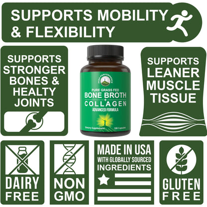 Bone Broth Collagen Capsules. 180 Pills of Grass Fed Bone Broth Collagen Protein Peptides. Contains All 3 Types 1, 2, and 3. Pure Pasture Raised Paleo Friendly Tablets for Women and Men Peak PerformanceBuy Supplements Australia