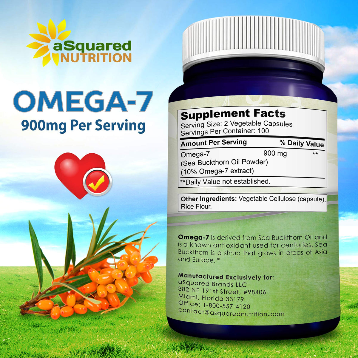 aSquared Nutrition Purified Omega 7 Fatty Acids-200 Capsules from Natural Sea Buckthorn aSquared NutritionBuy Supplements Australia
