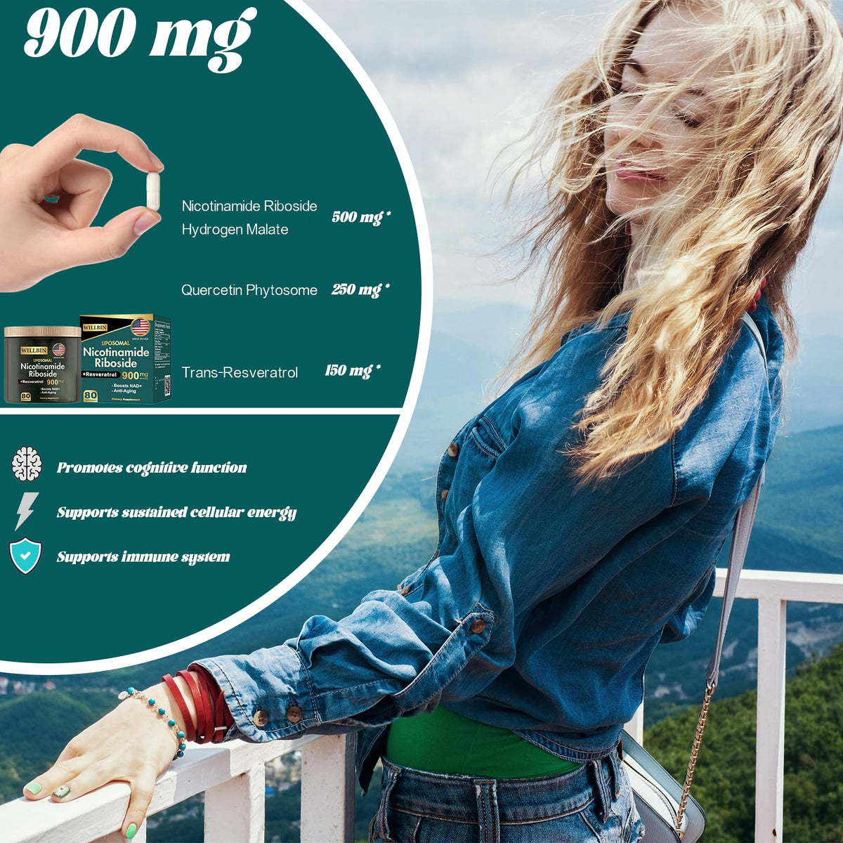 Willbin Liposomal NAD+ Supplement, Nicotinamide Riboside with Resveratrol, NAD Nicotinamide Riboside Boost Energy Focus Anti-Aging for Women & Men - 80 Vegan Capsules WillbinBuy Supplements Australia