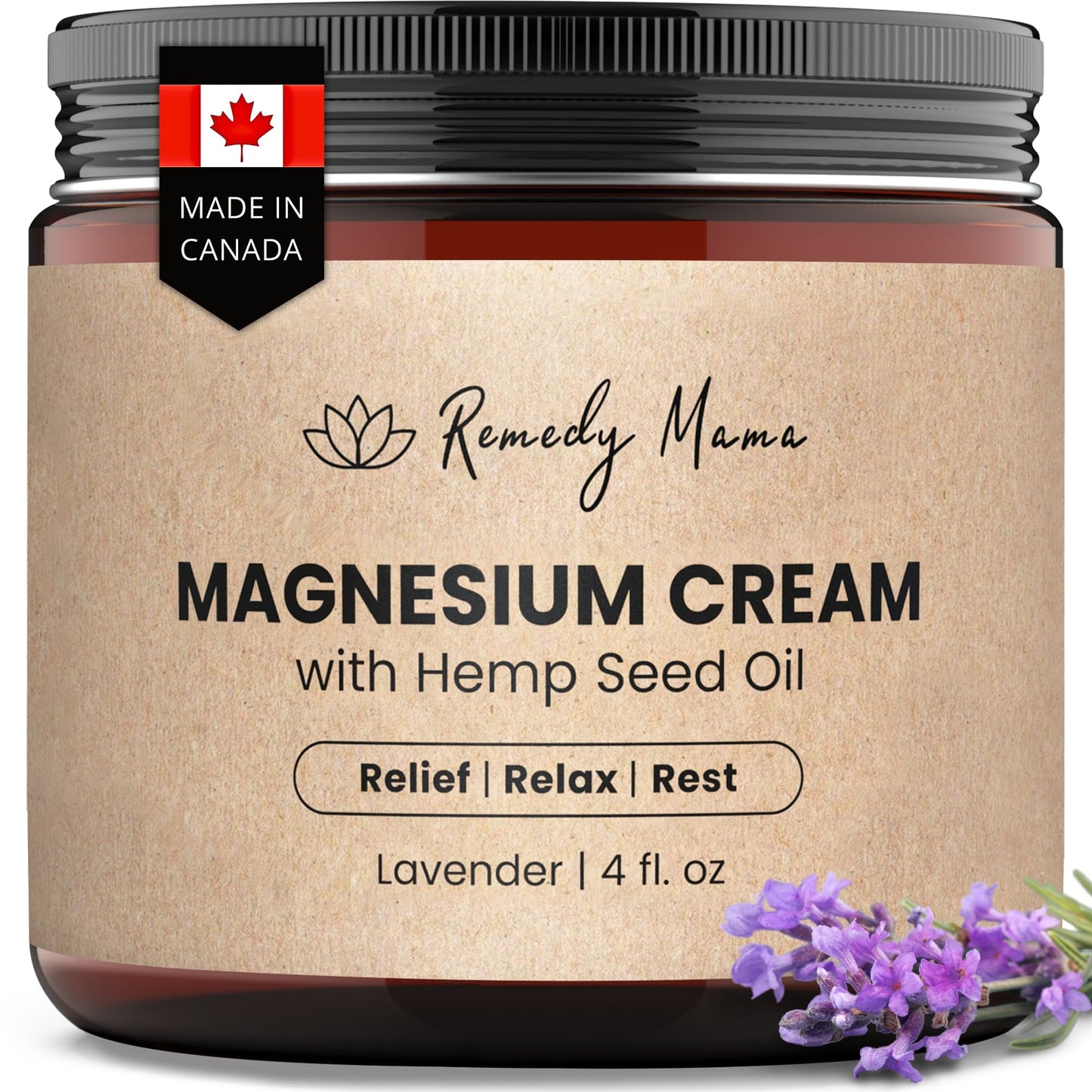 Remedy Mama Magnesium Cream for Sleep, Cramps & Muscle Soreness – with Hemp Seed Oil, Jojoba, Shea & Mango Butter – Natural, Skin-Friendly & Safe for Kids – Lavender – 4oz Glass Jar – Made in Canada Remedy MamaBuy Supplements Australia