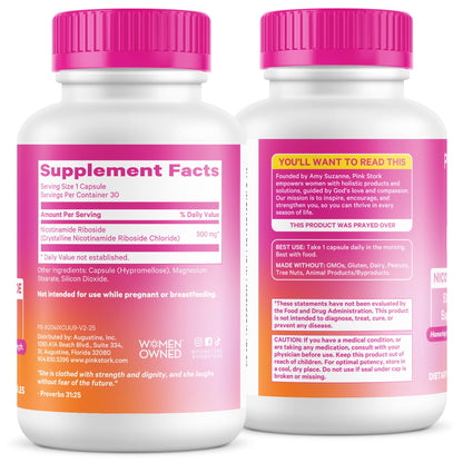 Pink Stork NAD+ Supplement for Women | 500mg Nicotinamide Riboside NR | Clinically-Studied Pure NMN Powder | Brain + Cognitive Support |Energy, Skin Essentials Over 30 | 1 Month Supply Pink StorkBuy Supplements Australia