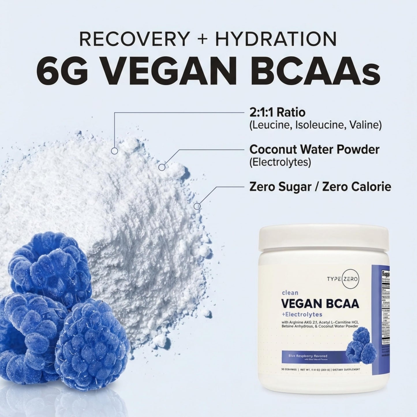 Type Zero Ultra Clean Vegan BCAA Powder + Electrolytes (Blue Raspberry | 6G) 2:1:1 Sugar-Free/No Sucralose BCAAs Amino Acids Supplement - BCAA Vegan Amino Acids After Workout Drink, 30 Servings Type ZeroBuy Supplements Australia
