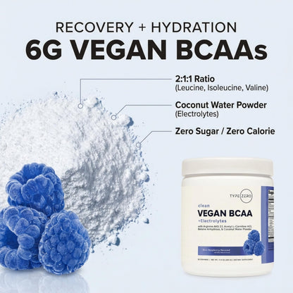 Type Zero Ultra Clean Vegan BCAA Powder + Electrolytes (Blue Raspberry | 6G) 2:1:1 Sugar-Free/No Sucralose BCAAs Amino Acids Supplement - BCAA Vegan Amino Acids After Workout Drink, 30 Servings Type ZeroBuy Supplements Australia