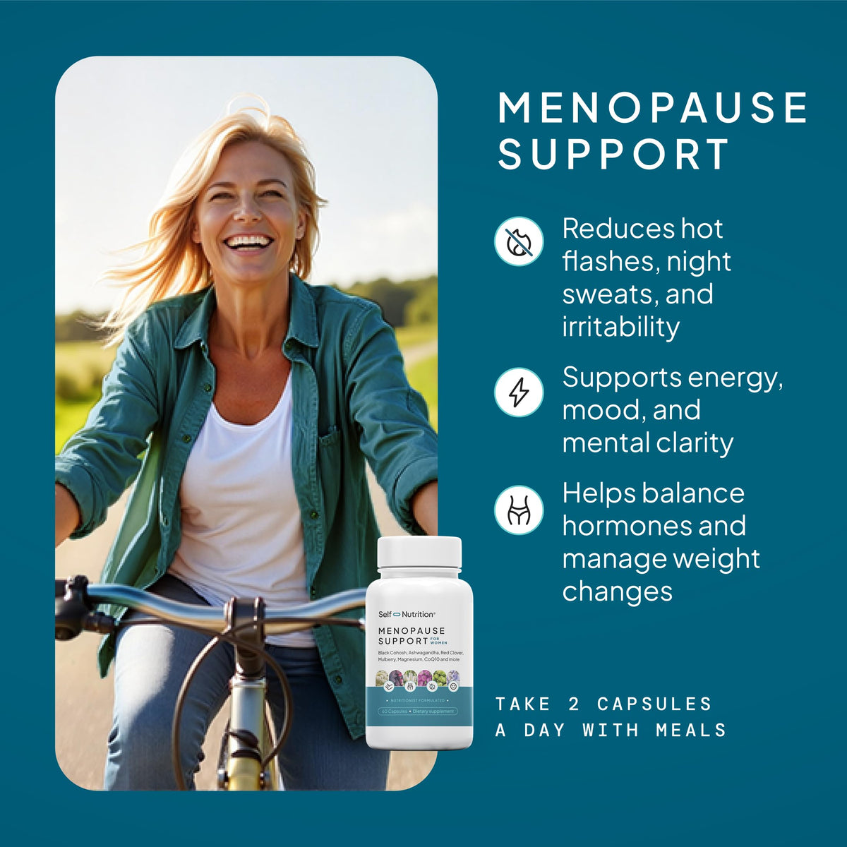 SELF NUTRITION Menopause Support for Women -All-Natural, Hormone-Free Perimenopause & Menopause Support. Unique Blend for Hot Flashes, Mood, Energy, Sleep & More. Vegan, Gluten-Free, 60 Capsules. SELF NUTRITIONBuy Supplements Australia
