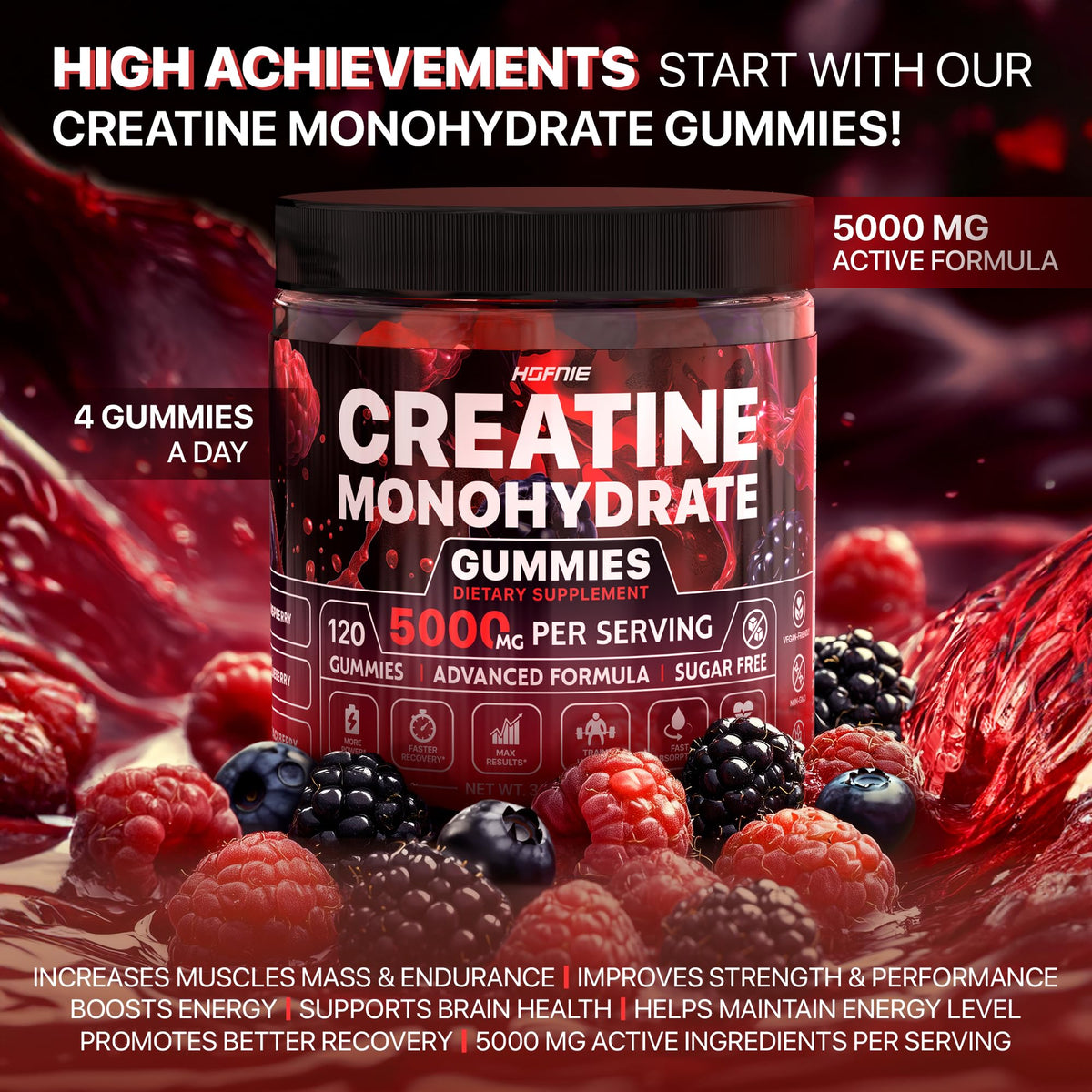 Hofnie Creatine Monohydrate Gummies 5000 mg – Vegan, Sugar-Free Pre Workout Creatine for Men & Women – Raspberry & BlackBerry Flavored Chewable Creatine Monohydrate, 120 Gummies (30-Day Supply) HofnieBuy Supplements Australia