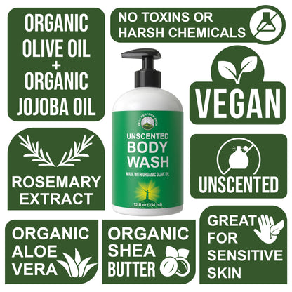 Ultra Pure Unscented Body Wash Made with Organic Ingredients Including Aloe Vera, Olive Oil, Jojoba, Coconut Oil, and Shea Butter. Great for Sensitive Skin. Natural Vegan Body Wash No Toxins Peak PerformanceBuy Supplements Australia