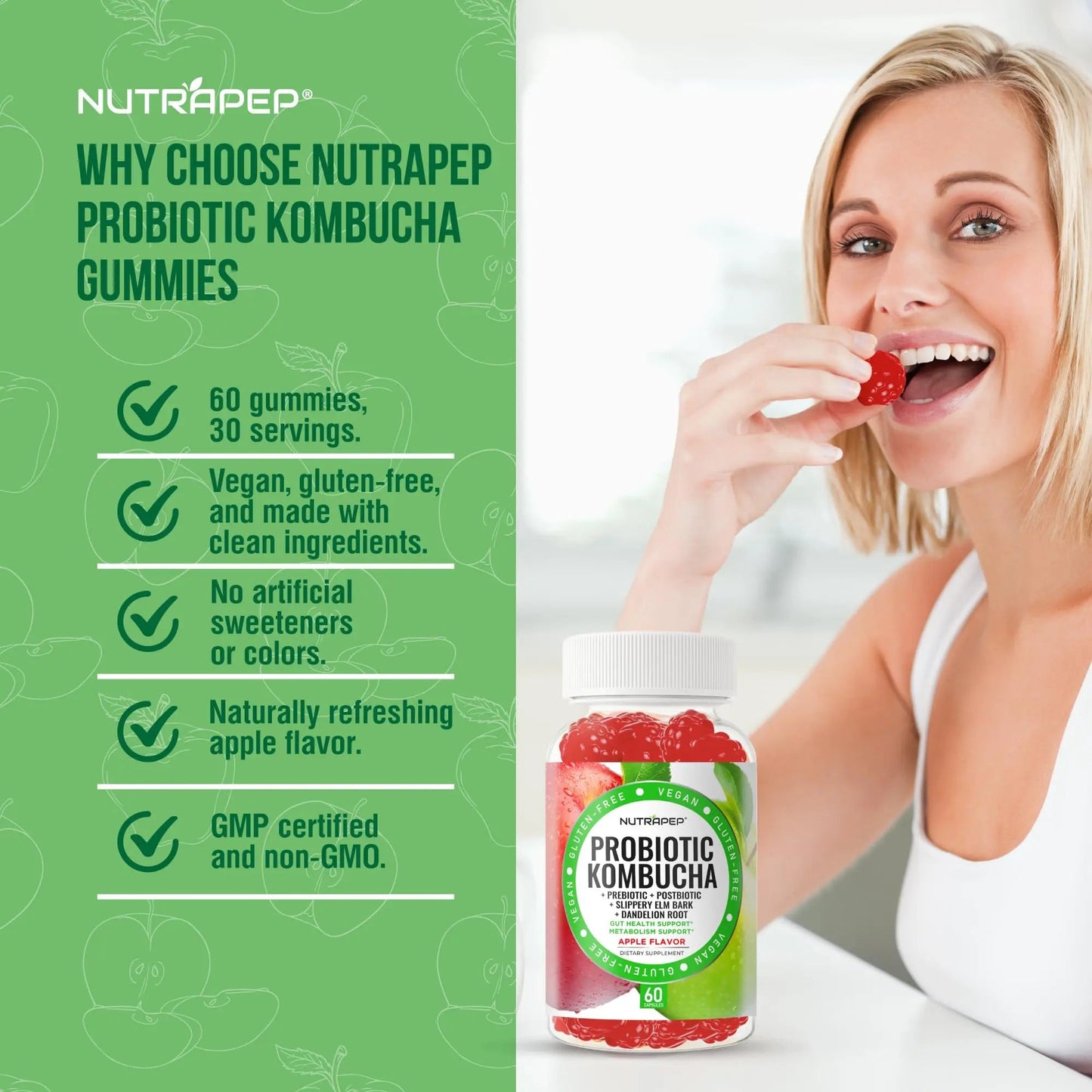 NutraPep Probiotic Kombucha Gummies - Women Men Probiotic Prebiotic Probiotic Blend for Gut Health Bloating Metabolism Support with Slippery Elm Bark Dandelion Root - Vegan Gluten Free Apple Flavor NutraPepBuy Supplements Australia