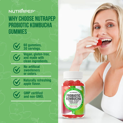 NutraPep Probiotic Kombucha Gummies - Women Men Probiotic Prebiotic Probiotic Blend for Gut Health Bloating Metabolism Support with Slippery Elm Bark Dandelion Root - Vegan Gluten Free Apple Flavor NutraPepBuy Supplements Australia