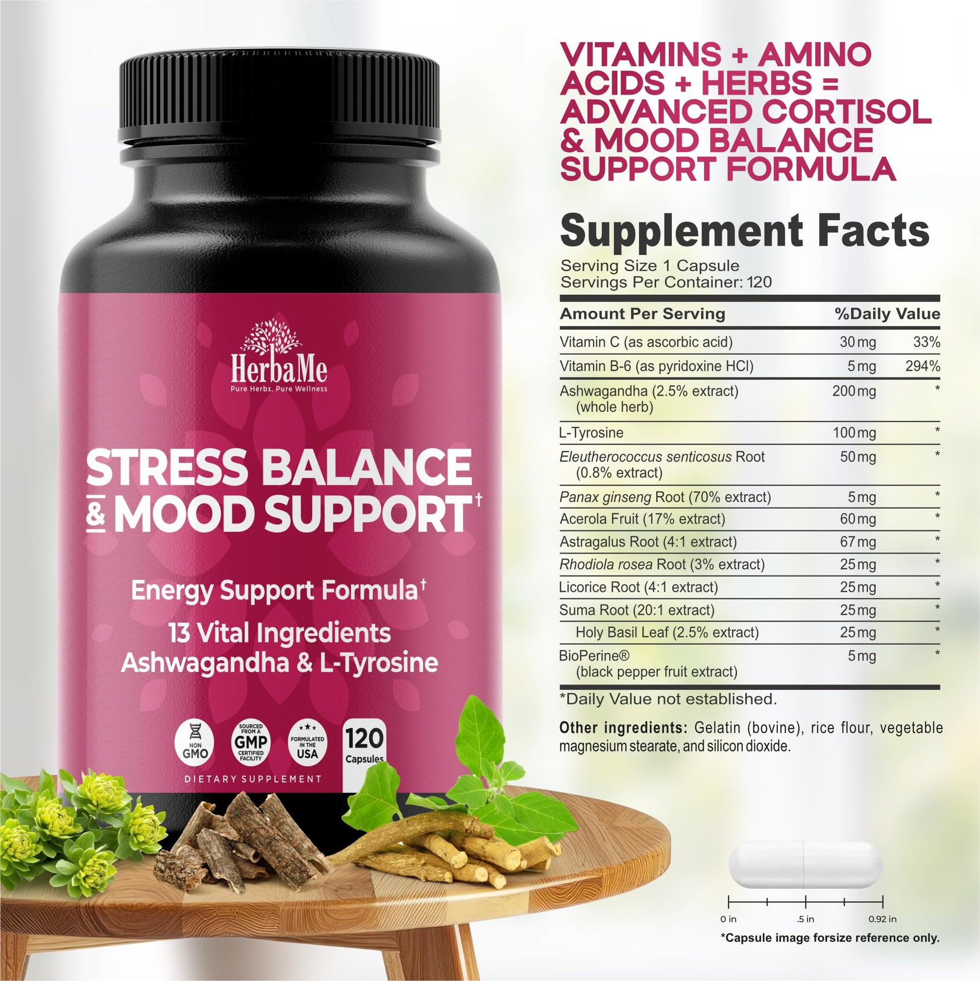 HerbaMe Cortisol Manager Supplement and Balance Mood with Ashwagandha & L-Tyrosine, 120 Capsules, Helps Maintain Healthy Energy Levels and Stress Relief, Fatigue Reducer Pills HerbaMeBuy Supplements Australia