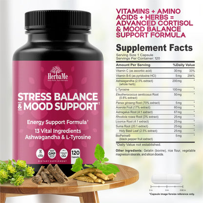 HerbaMe Cortisol Manager Supplement and Balance Mood with Ashwagandha & L-Tyrosine, 120 Capsules, Helps Maintain Healthy Energy Levels and Stress Relief, Fatigue Reducer Pills HerbaMeBuy Supplements Australia