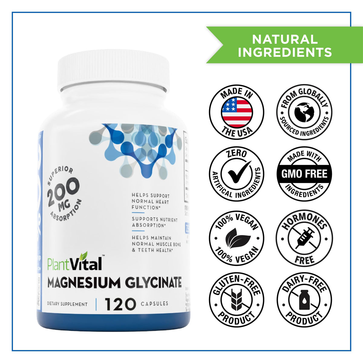 PlantVital Magnesium Glycinate 200mg - Supports Restful Sleep, Muscle & Nerve Function, Normal Heart & Bone Health - Feel Calm & Relax - Vegan, Third Party Tested, Gluten Free, Non-GMO - 120 Capsules PlantvitalBuy Supplements Australia