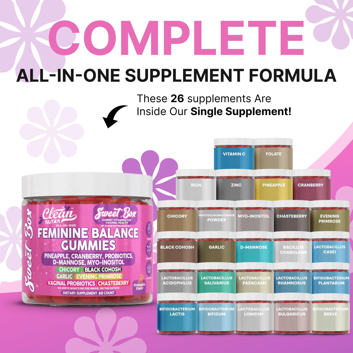 Clean Nutra Feminine Balance Gummies for Women Pineapple VaginalProbiotics pH Balance Cranberry D Mannose Supplement Inositol Black Cohosh Evening Primrose Garlic Vitex GLA Prebiotics Folate 60ct Clean NutraceuticalsBuy Supplements Australia