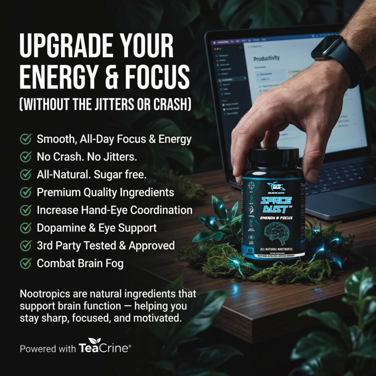 Space Dust Brain Supplements for Memory and Focus – Nootropic Focus Supplement for Brain Health & Mind Boost with TeaCrine, Caffeine, L-Tyrosine, L-Theanine – Cognitive Support Capsules, 60 Count GALACTIC SUPPSBuy Supplements Australia