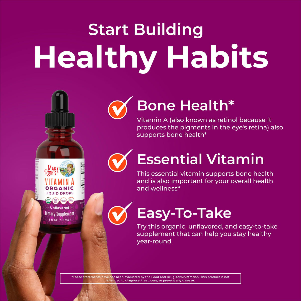 MaryRuth Organics USDA Organic Vitamin A Liquid Drops | 3 Month Supply | Bone Health for Ages 14+ | Essential Vitamin | 750mcg per Serving | Sugar Free | Vegan | Non-GMO | Gluten Free | 1oz MARYRUTH'SBuy Supplements Australia