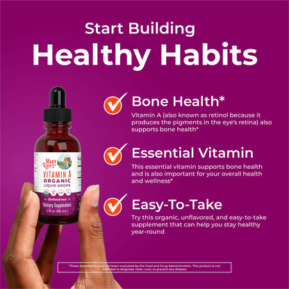 MaryRuth Organics USDA Organic Vitamin A Liquid Drops | 3 Month Supply | Bone Health for Ages 14+ | Essential Vitamin | 750mcg per Serving | Sugar Free | Vegan | Non-GMO | Gluten Free | 1oz MARYRUTH'SBuy Supplements Australia