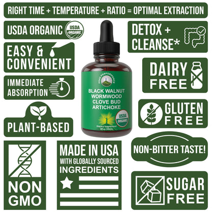 USDA Organic Wormwood Black Walnut Clove Drops Cleanse for Humans. Sugar Free Supplement for Intestinal Cleanse, Detox Support for Adults and Kids. with Artichoke and Clove Bud. Kosher, No GMOs Peak PerformanceBuy Supplements Australia