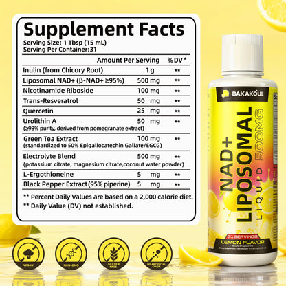 Liposomal NAD+ Liquid Supplement - Designed to Help Support Absorption - Nhanced Cellular Uptake, Helps Support Normal Cellular Health, Supports Cellular Energy Metabolism and Vitality - Lemon Flavor BAKAKOULBuy Supplements Australia