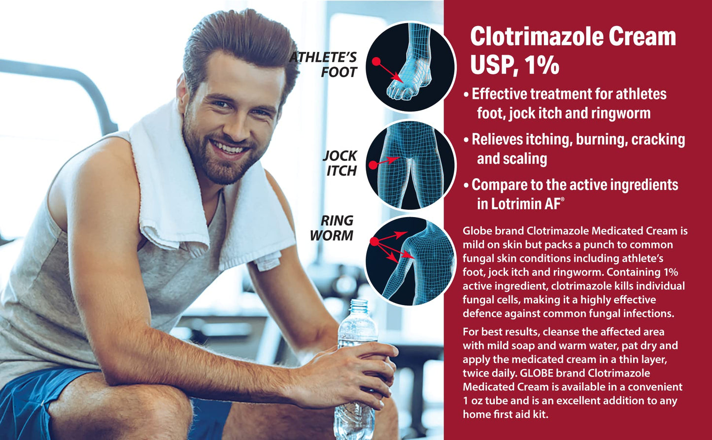 Globe Clotrimazole Antifungal Cream 1% USP (1 oz), Anti Fungal Treatment, Relieves Itching, Burning, Cracking and Scaling Associated Athletes Foot, Jock Itch, Ringworm and More Globe Pharmacy buy supplements Au