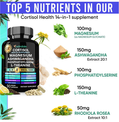 Adndale Cortisol Supplements for Women. Cortisol Reducer 14-in-1 Ashwagandha Supplement with Magnesium Glycinate, L-Theanine & More. 90 Capsules. AdndaleBuy Supplements Australia