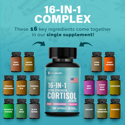 Cortisol Complex 16-in-1 Supplement for Women & Men | Stress Support Manager with Organic Ashwagandha, Maca Root, Rhodiola Rosea & Shilajit | Adaptogen Blend for Balance & Energy | 120 Capsules MagHealthBuy Supplements Australia