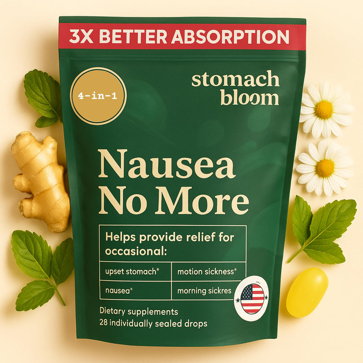 Stomach Bloom Fast-Acting Ginger for Nausea Relief | Herbal Relief for Pregnancy Nausea and Morning & Motion Sickness | Ginger, Lemon, Spearmint & B6. 28 Individually Sealed Drops. Stomach Bloom buy supplements Au