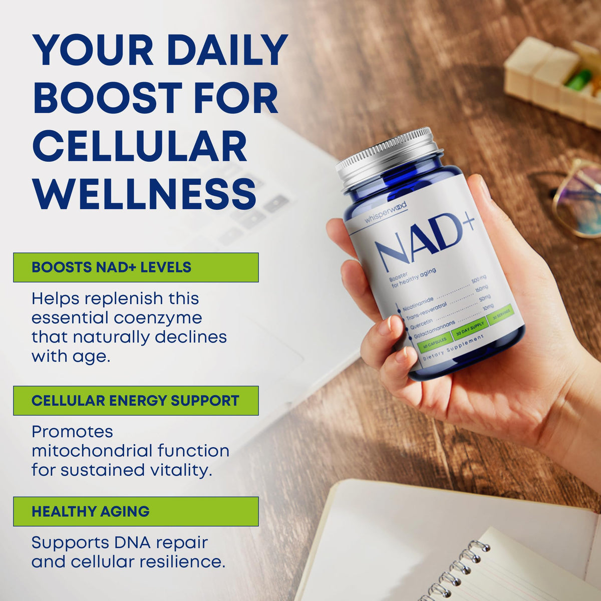 NAD+ Supplement with Nicotinamide Riboside, Trans Resveratrol & Quercetin – NAD Plus Complex for Energy, Brain & Mitochondrial Support – Antioxidant and Longevity Formula for Women & Men – 60 capsules WHISPERWOODBuy Supplements Australia