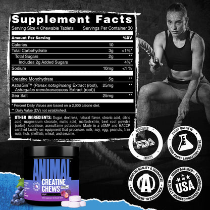 Animal Creatine Chews – 5g Creatine Monohydrate Tablets for Strength, Power & Training Recovery Support – Enhanced Absorption with AstraGin® – Convenient Chewable Format – 120 Tablets AnimalBuy Supplements Australia