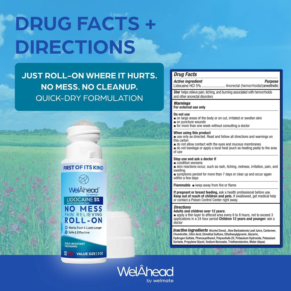 WELMATE - 5% Lidocaine Roll-On (3 oz Value Size) - No Mess Targeted Relief - Topical Anesthetic - Hemorrhoid Relief - Aloe Vera - Fast Acting & Long Lasting - Over-The-Counter Medication - First Aid WELMATEBuy Supplements Australia