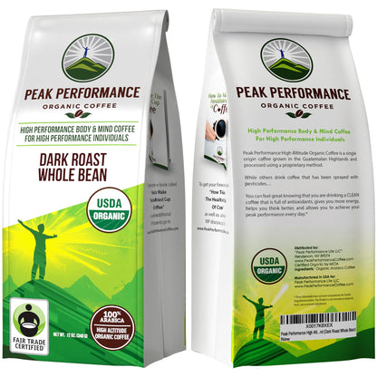 Peak Performance High Altitude Organic Coffee - Fair Trade, Low Acid, Non GMO, and Beans Full of Antioxidants - Dark Roast Smooth Tasting USDA Certified Organic Whole Bean Coffee Bag 12 oz Peak PerformanceBuy Supplements Australia