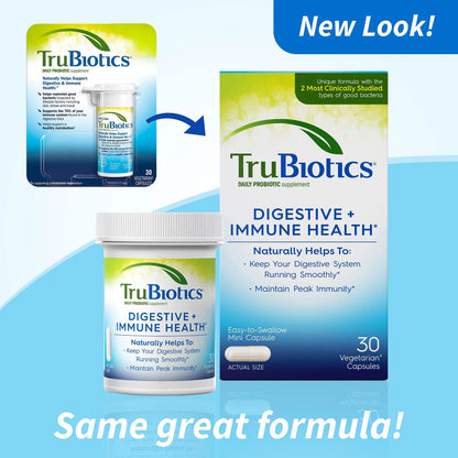 TruBiotics Probiotics for Digestive & Immune Health, Supports Regularity & Helps Relieve Abdominal Discomfort, Gas & Bloating, 2 Clinically Studied Probiotic Strains, Plus Prebiotics, 30 Capsules TruBioticsBuy Supplements Australia
