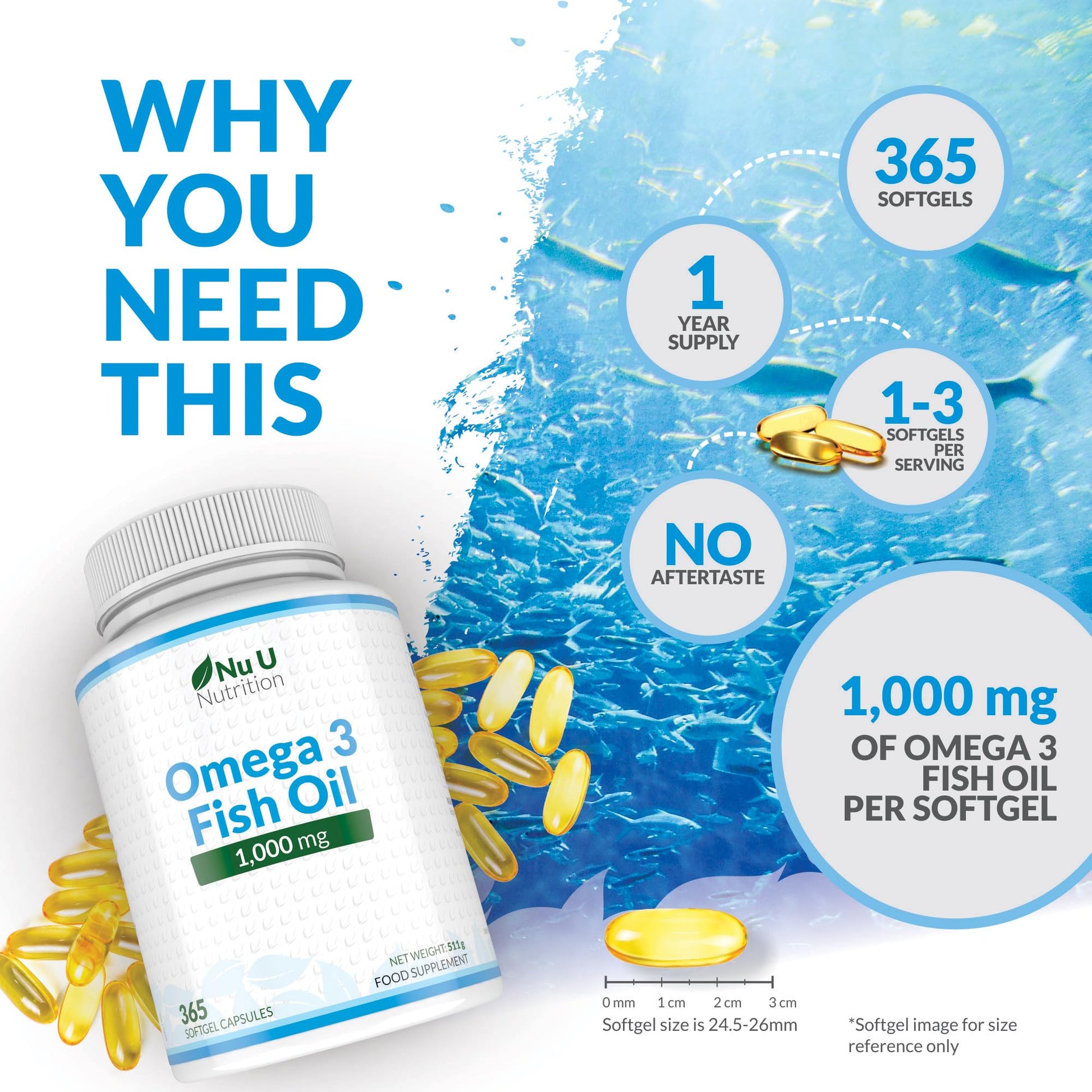 Omega 3 Fish Oil 1000mg - 365 Softgel Capsules - Up to 12 Month’s Supply - Pure Fish Oil Nu U NutritionBuy Supplements Australia