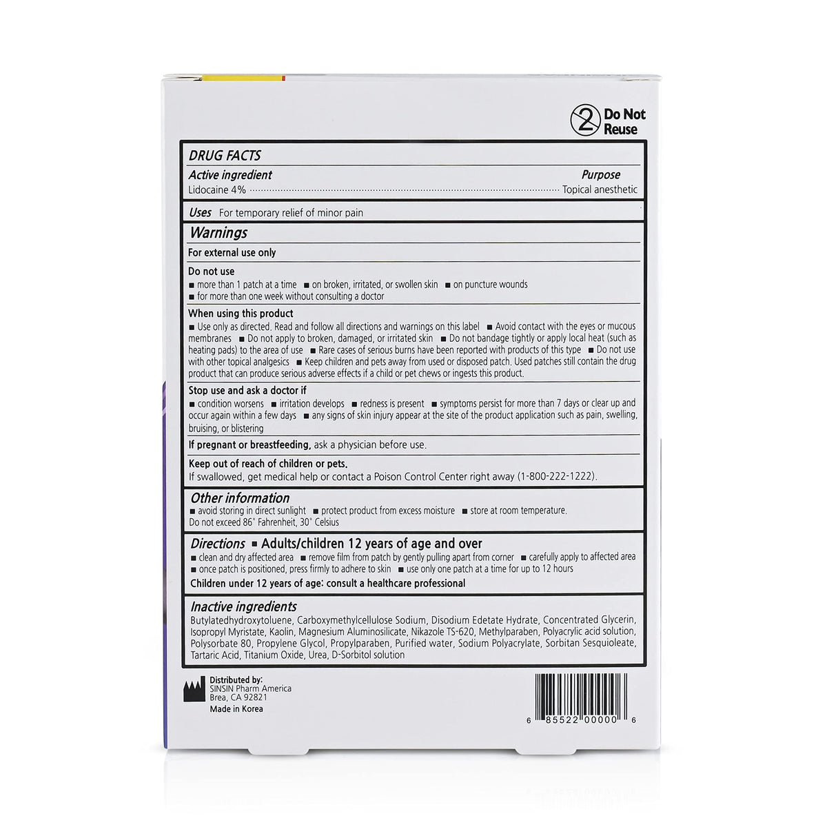 SINSINPAS Lidocaine 4% Pain Relieving Patch (1 Pack (5 Patches Total)) SINSINPASBuy Supplements Australia