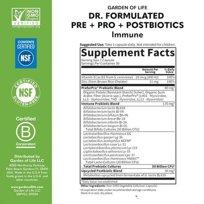 Garden of Life Dr. Formulated Pre, Post & Probiotics Immune Support with Prebiotics & Postbiotics – 50 Billion CFU, Gut & Digestive Health Support, Zinc & Vitamin D3, Vegan, 30 Day Supply Garden of LifeBuy Supplements Australia