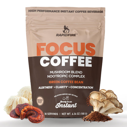 Focus Coffee Mushroom Blend, Nootropic Complex Coffee, Supports Alertness and Clarity, (Lion’s Mane, Cordyceps, Turkey Tail) Green Coffee Bean Instant Coffee for Focus & Gut Health, 30 Servings Rapid FireBuy Supplements Australia