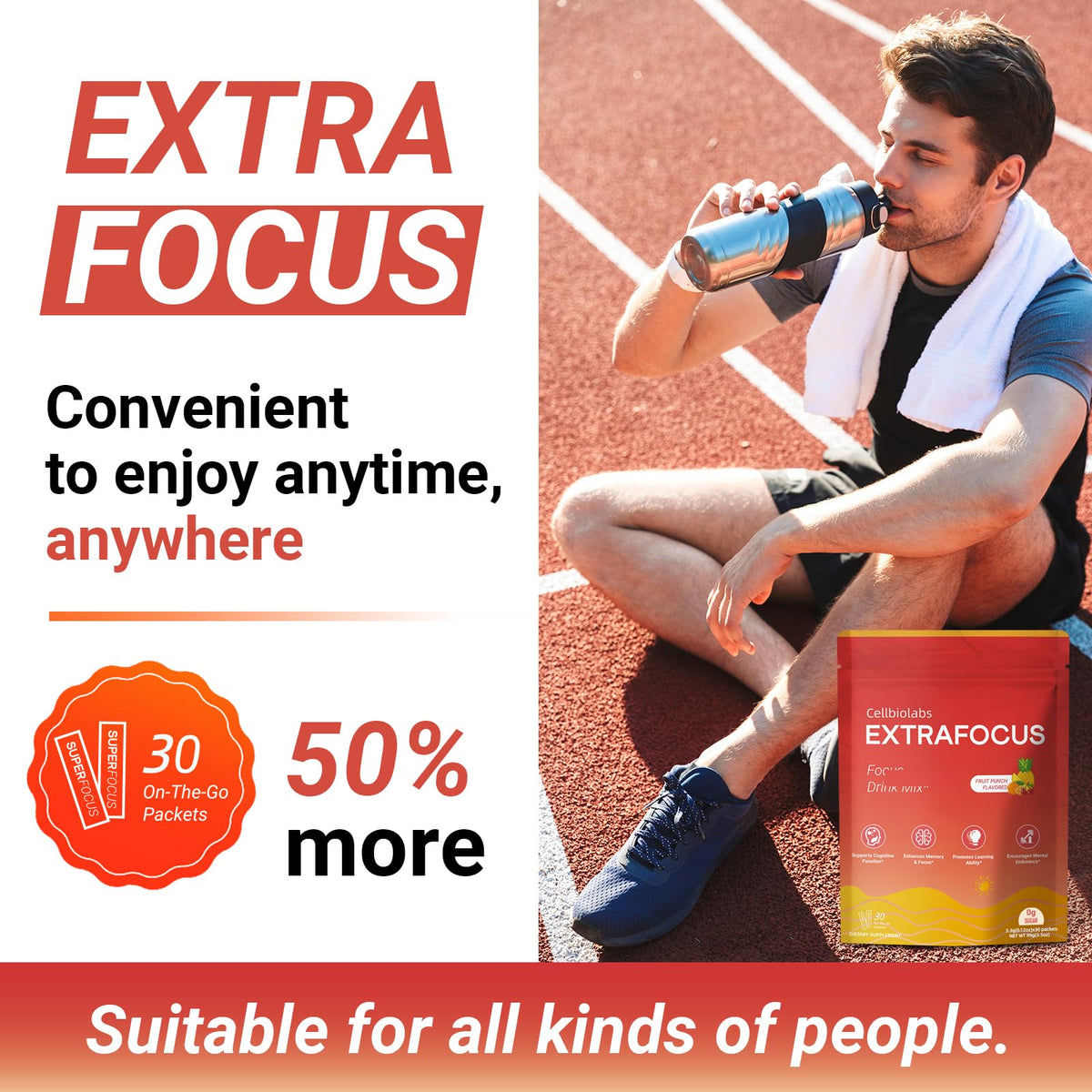 Nootropic Extra Focus Drink Mix, 30 Packs On-The-Go Sticks, Featuring Alpha-GPC, Lion's Mane & Rhodiola, Sugar-Free Packets Fruit Punch Clean Drink Mix CellbiolabsBuy Supplements Australia