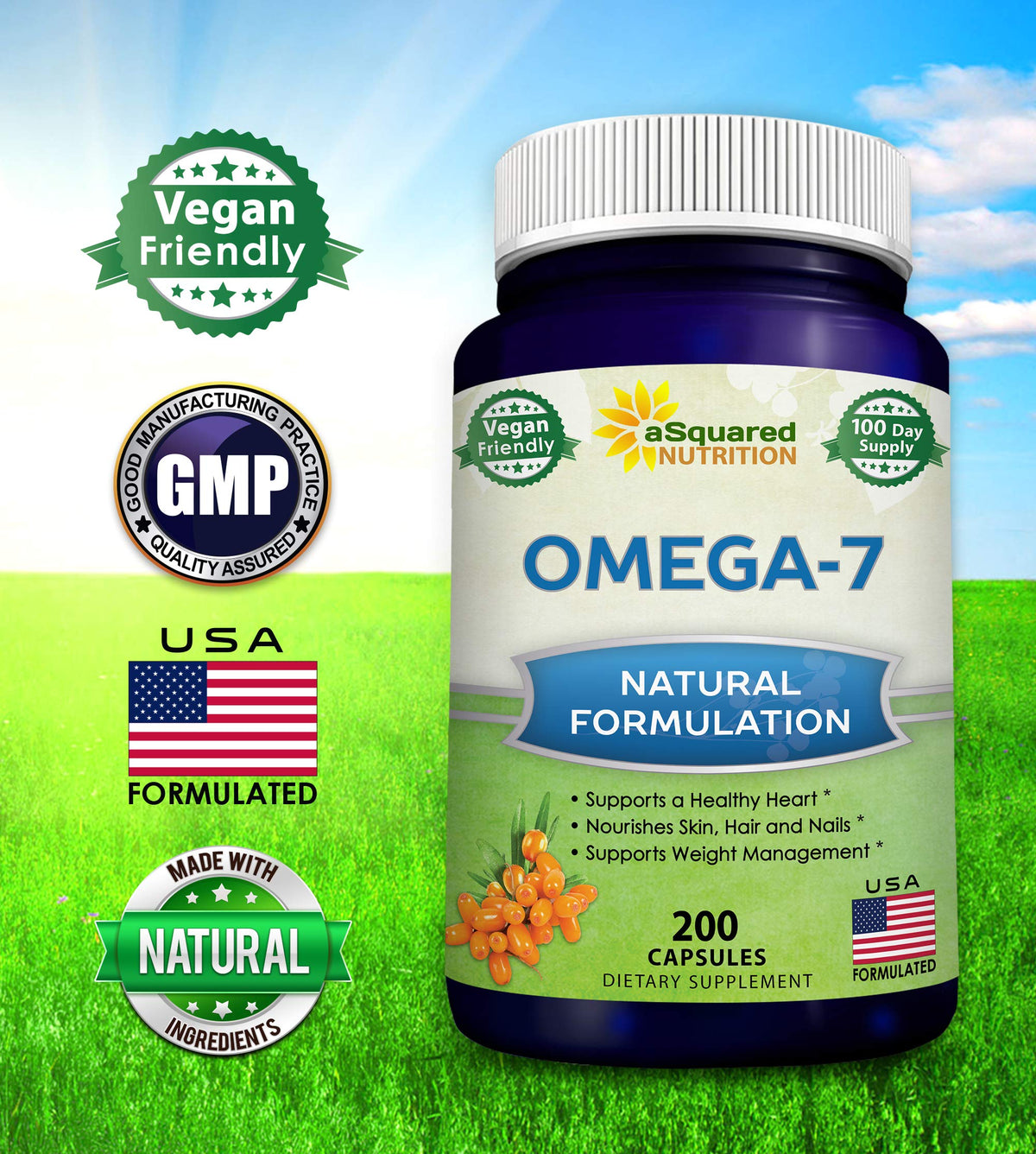 aSquared Nutrition Purified Omega 7 Fatty Acids-200 Capsules from Natural Sea Buckthorn aSquared NutritionBuy Supplements Australia