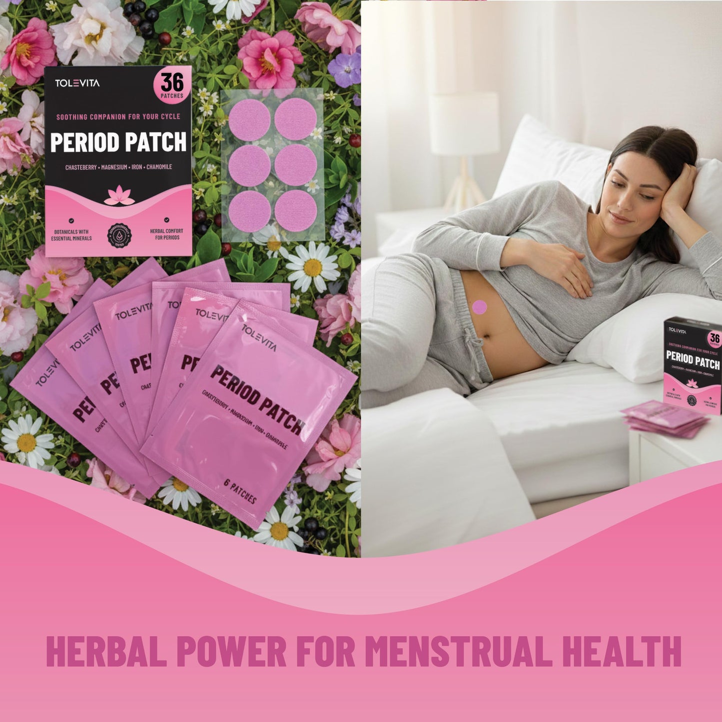 TOLEVITA Period Relief Patches 36 Pcs – Herbal Cramp Support with Chasteberry, Magnesium, Evening Primrose, Dong Quai, Curcumin, Vitamins B6 & E, Iron, Chamomile – Hormonal Balance & Menstrual Comfort TOLEVITABuy Supplements Australia