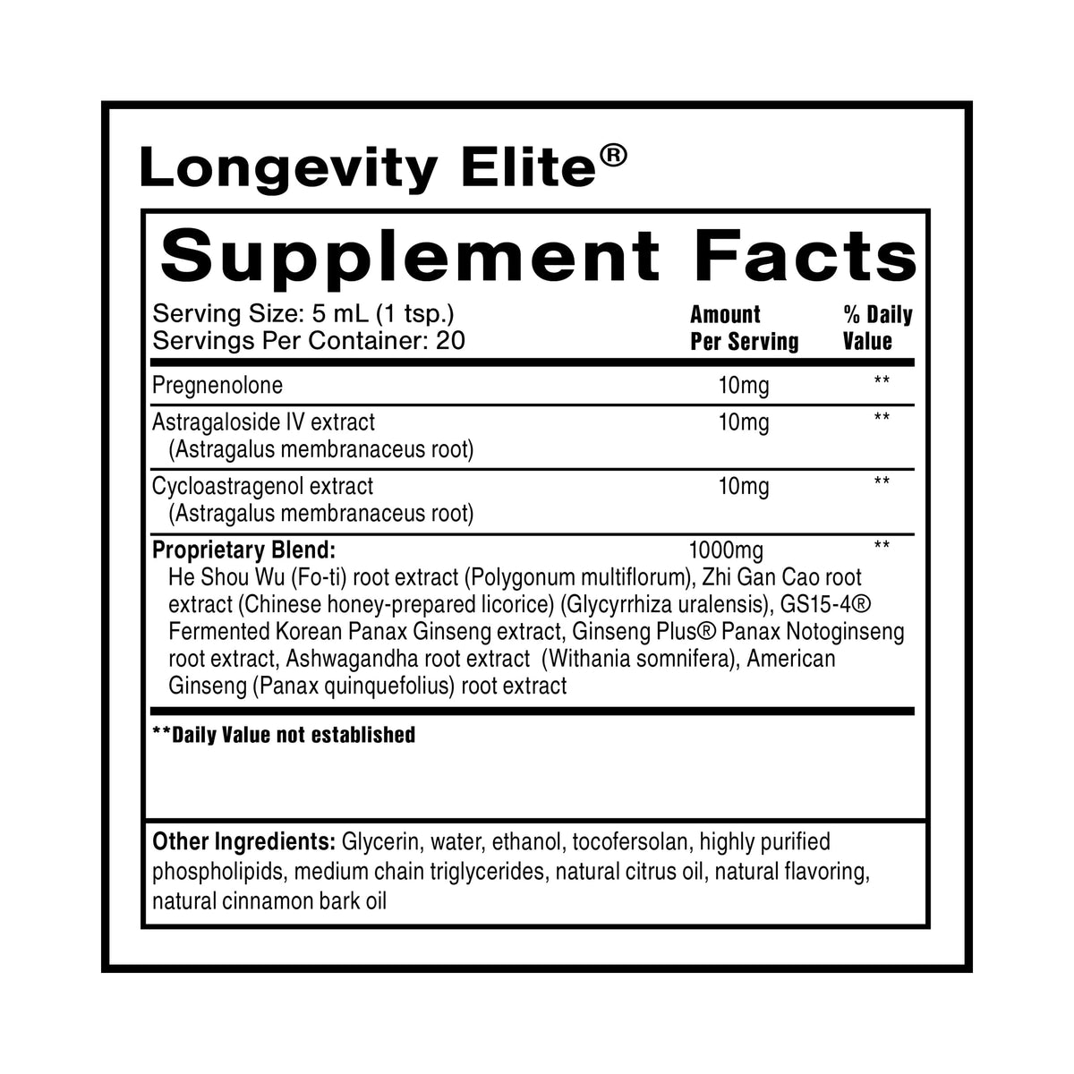 Quicksilver Scientific Longevity Elite - Liposomal Adaptogen + Pregnenolone Tonic - Herbal Supplements Designed for Age Optimization Support While Targeting AMPK, Sirtuins + Telomeres (100ml) Quicksilver ScientificBuy Supplements Australia