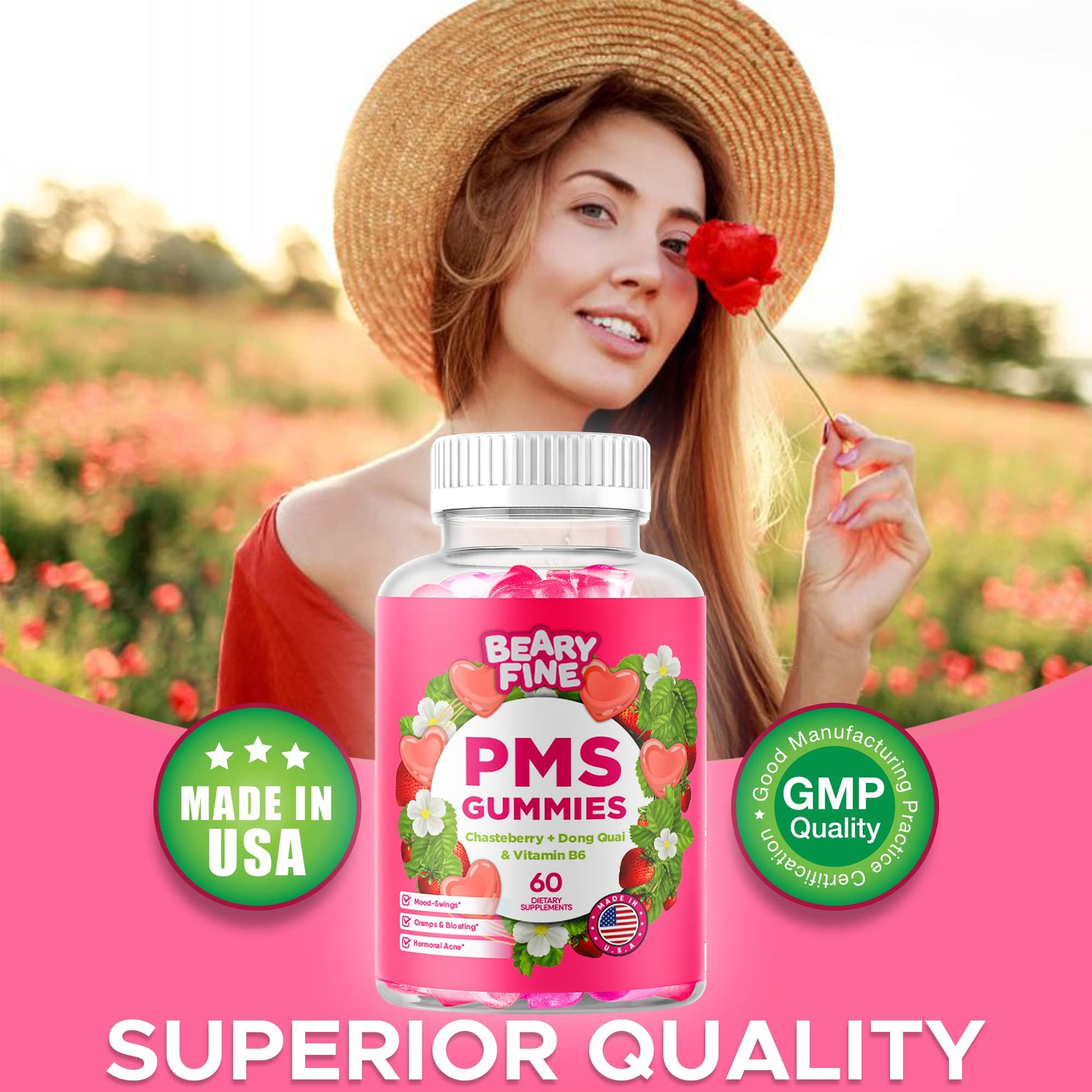 Beary Fine PMS Gummies - PMS Vitamins for Women & Teens - PMS Period Relief - Cramping, Bloating, Mood Swings - Made in The USA (Strawberry, 60 Count) Beary FineBuy Supplements Australia