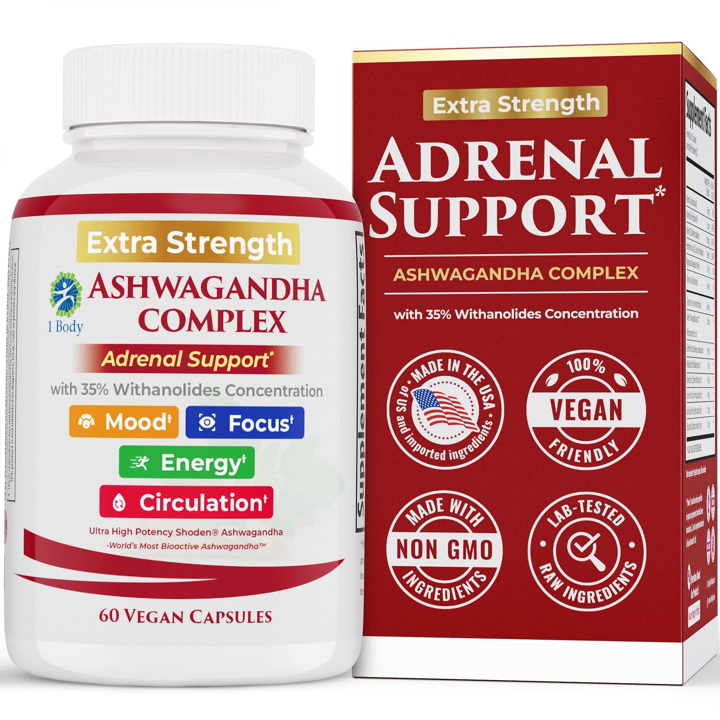 Ashwagandha Complex Adrenal Support Supplement for Stress Relief, Cortisol Balance, Energy & Focus, Mood Support, 35% Withanolides, 60 Vegan Capsules 1 BodyBuy Supplements Australia