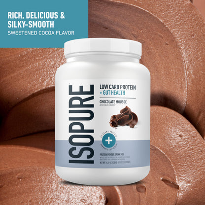 Isopure Protein + Gut Health & Immune Support Powder, Chocolate Mousse, 25g Whey Protein with Prebiotics & Vitamins, 12 Servings (Pack of 1)