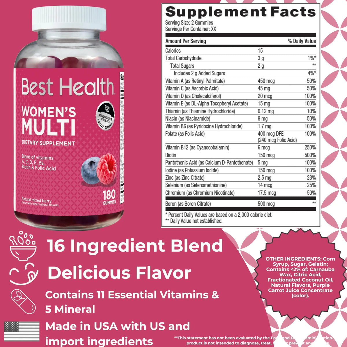 Best Health Women’s Multivitamin Gummies, Multivitamin for Women with Biotin, Folic Acid, Vitamins A,C,D,E,Natural Mixed Berry Flavor (180ct) Best HealthBuy Supplements Australia