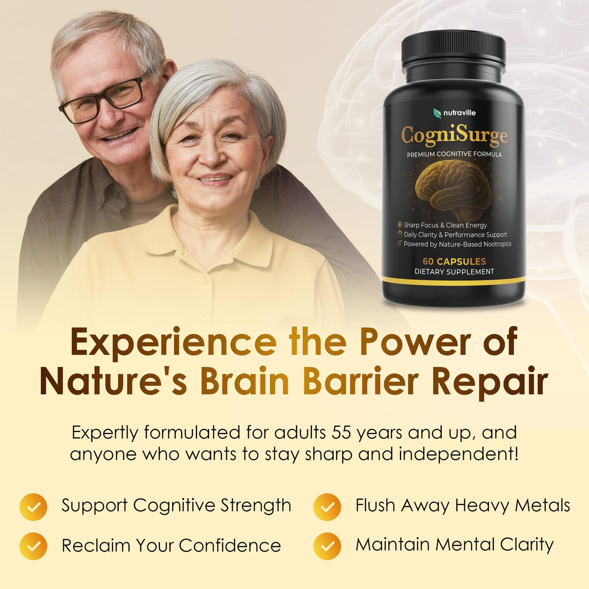 Nutraville CogniSurge Nootropics Brain Support Supplement for Memory and Focus - Nature-Powered Lion's Mane Supplement Capsules with Shilajit - No Caffeine or Stimulants - 30 Servings NutravilleBuy Supplements Australia
