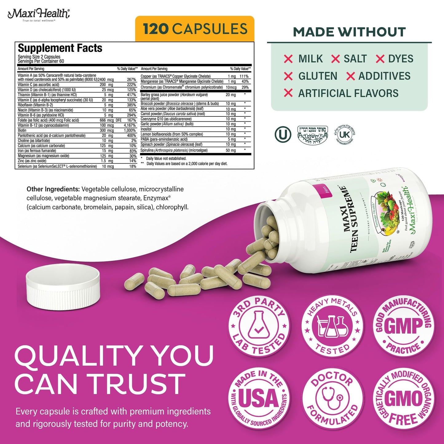 Teen Vitamins for Girls 12-17 - Teen Multivitamin D3, Iron, Calcium, Biotin, Zinc, Digestive Enzymes – Teenager Girl Multi Vitamins Maxi HealthBuy Supplements Australia