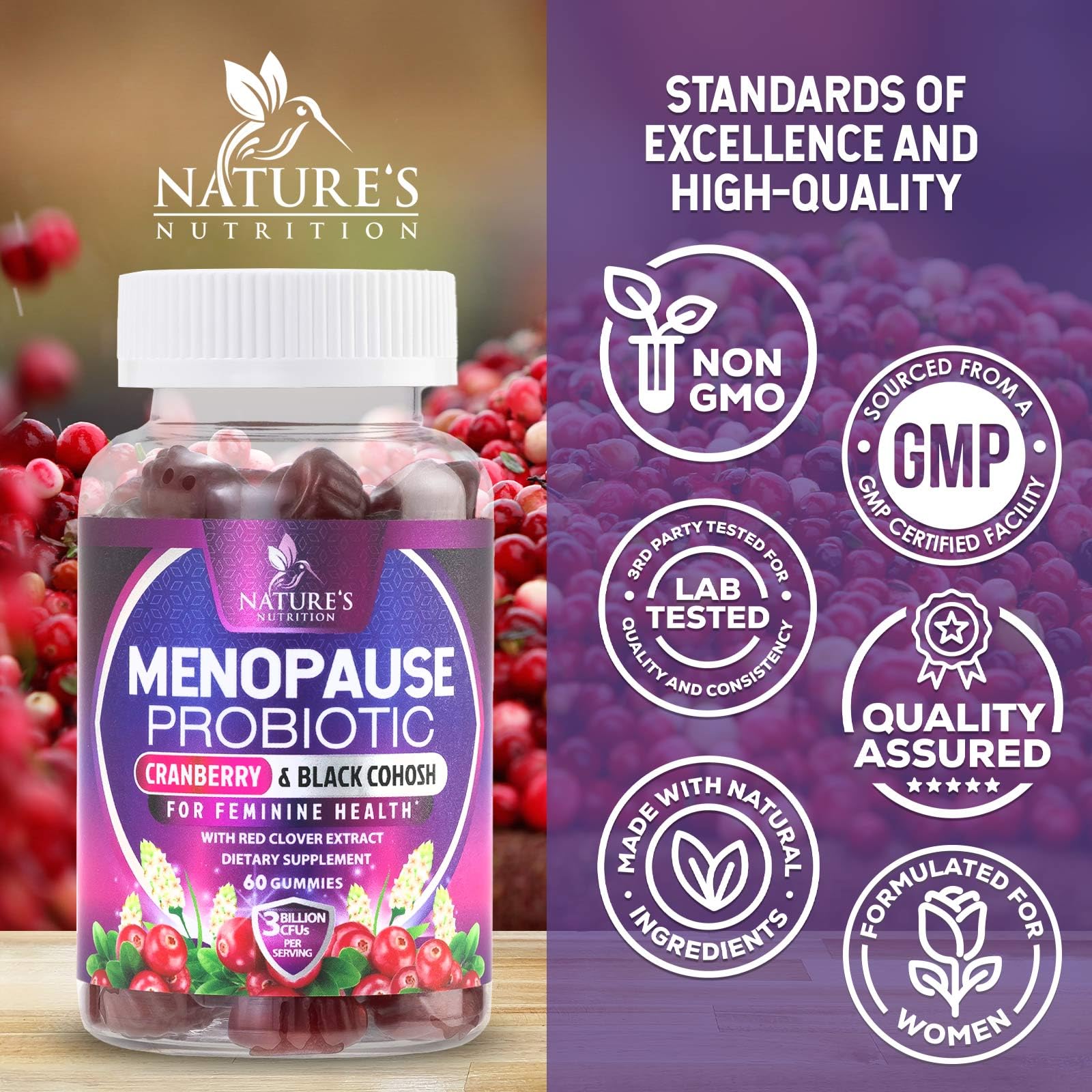 Menopause Supplement Gummies - 3 Billion CFU Women's Probiotics - Advanced Menopause Relief Formula for Women with Black Cohosh & Red Clover - Mild Hot Flashes & Night Sweats Support - 60 Gummies Nature's NutritionBuy Supplements Australia
