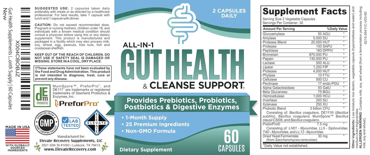 Gut Health Support Supplement (25-in-1) with Prebiotics, Probiotics, Postbiotics & Digestive Enzymes | Gut Supplements | 60 Capsules Elevate Recovery SupplementsBuy Supplements Australia